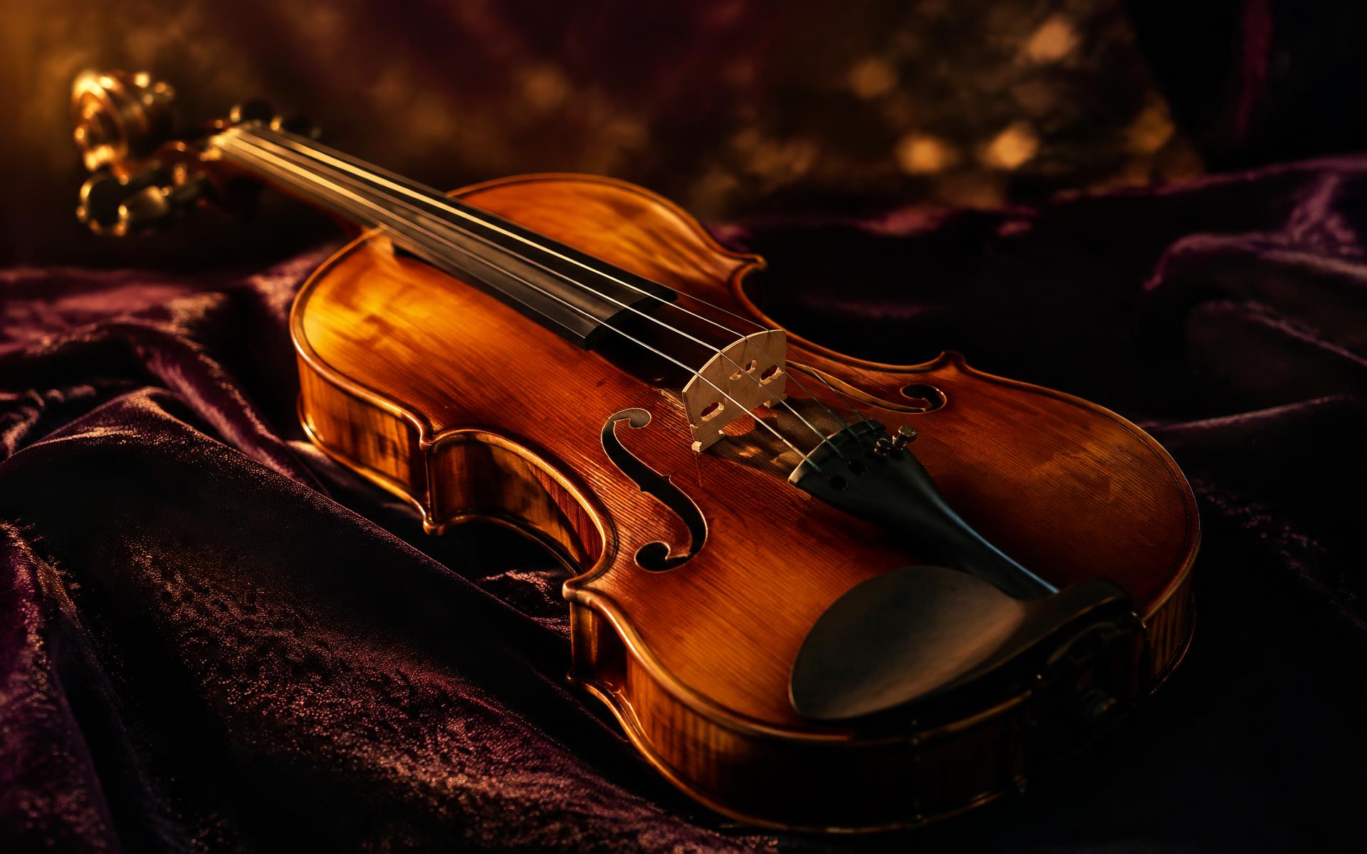 A violin glowing in warm golden light on dark velvet